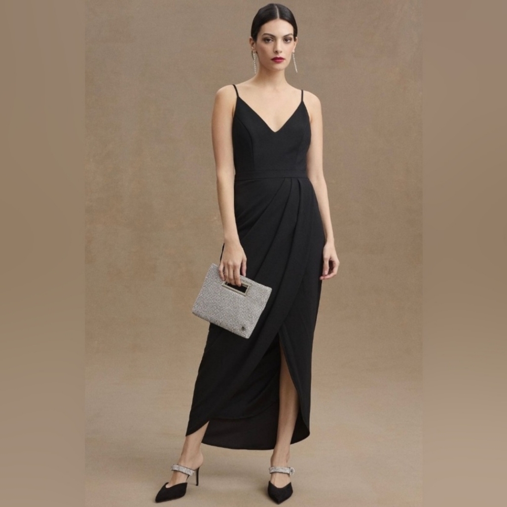 Anthropologie BHLDN Lyra V-Neck Faux-Wrap Stretch Crepe Midi Dress